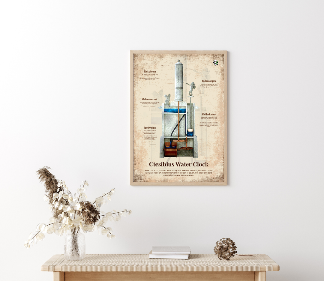 Poster van de Ctesibius waterklok in houten lijst aan de muur, educatieve wanddecoratie over de eerste klok en de geschiedenis van tijdmeting