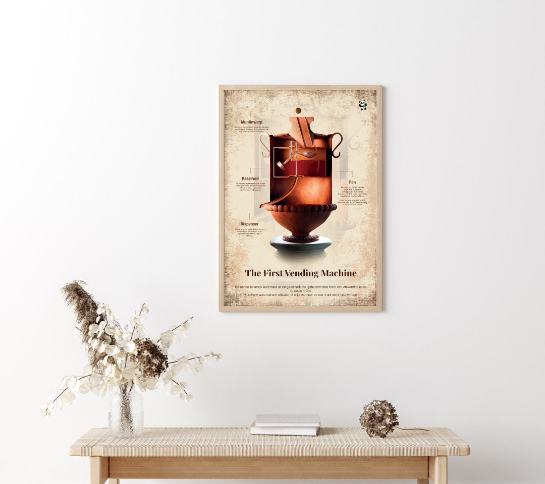 Educatieve poster van de eerste automaat, ontworpen door Hero van Alexandrië, weergegeven aan de muur boven een houten tafel met boeken en decoratie