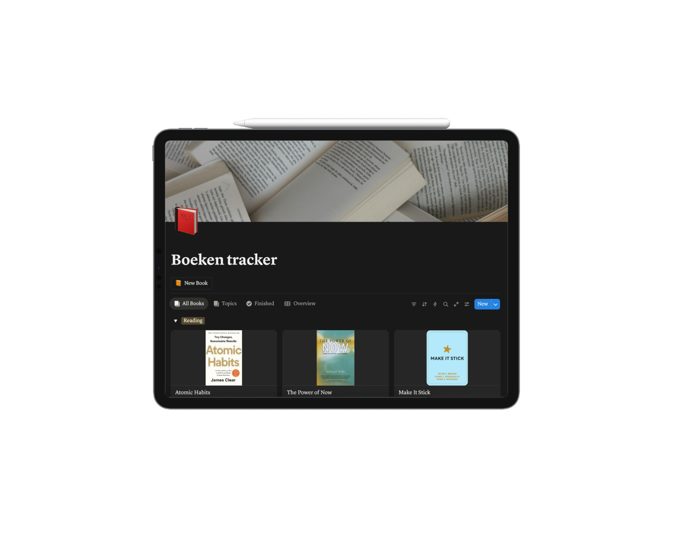 Digitale boeken tracker in studentplanner met overzicht van gelezen en te lezen boeken, ideaal voor studie en persoonlijke ontwikkeling"