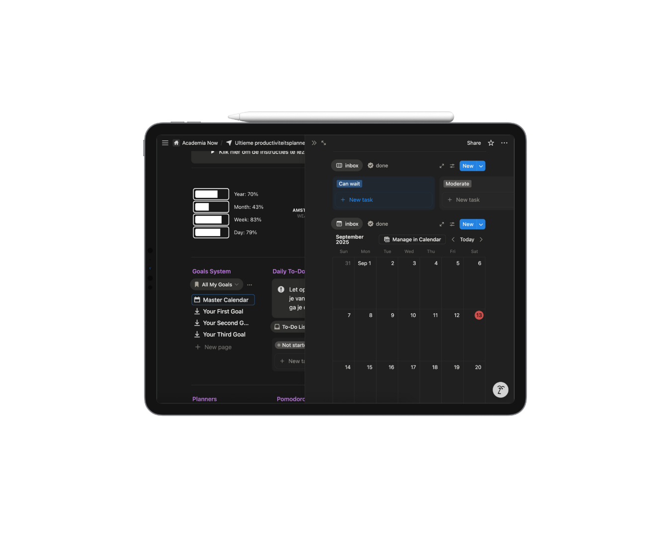 Digitale productiviteitplanner met kalender, doelen en to-do lijst weergegeven op een tablet voor beter time management