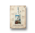 Educatieve poster Ctesibius waterklok – uitleg werking oude Griekse waterklok met reservoir, tandwielen en tijdsindicator.