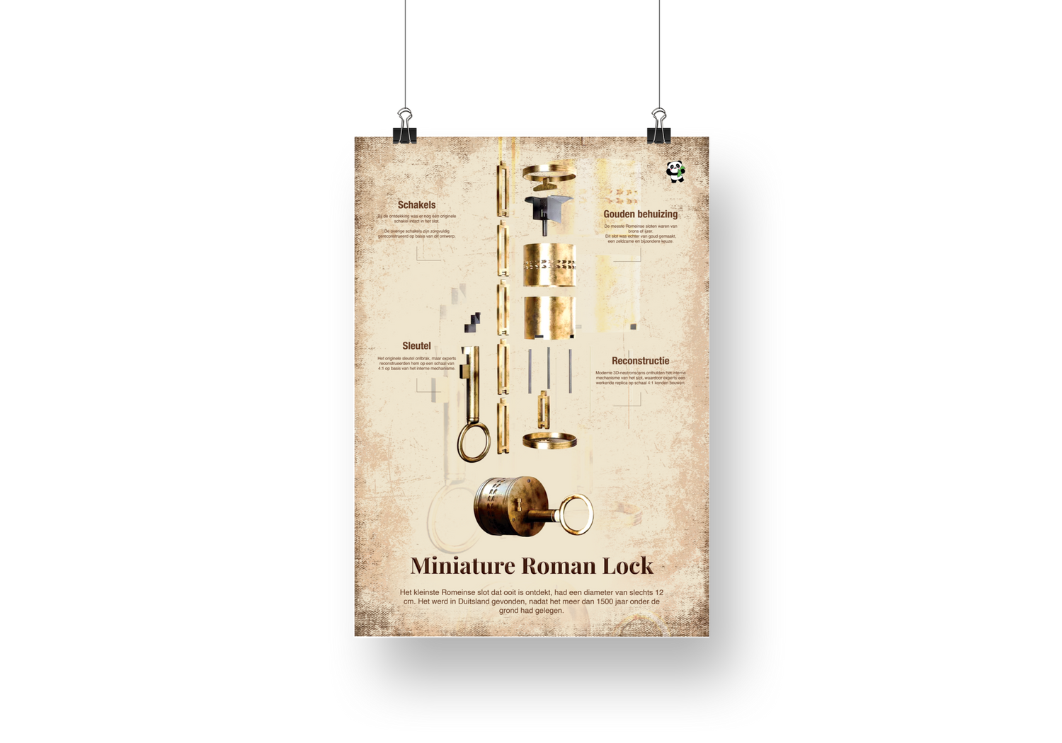 Historische poster van het Miniature Roman Lock, met reconstructietekening en gouden behuizing, voor scholen en liefhebbers.