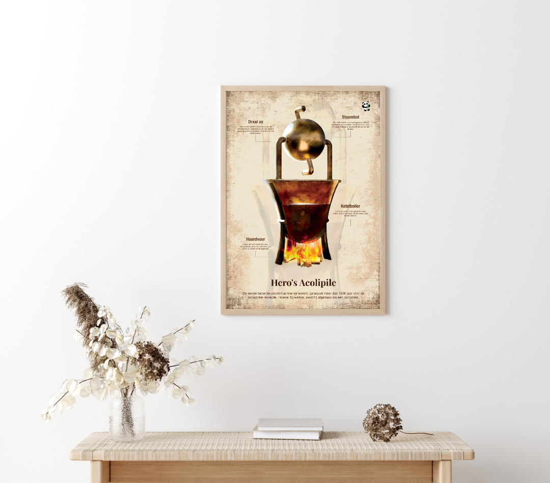 Framed history poster of Hero’s Aeolipile, ancient Greek steam engine, ideal for classroom or study wall decoration.