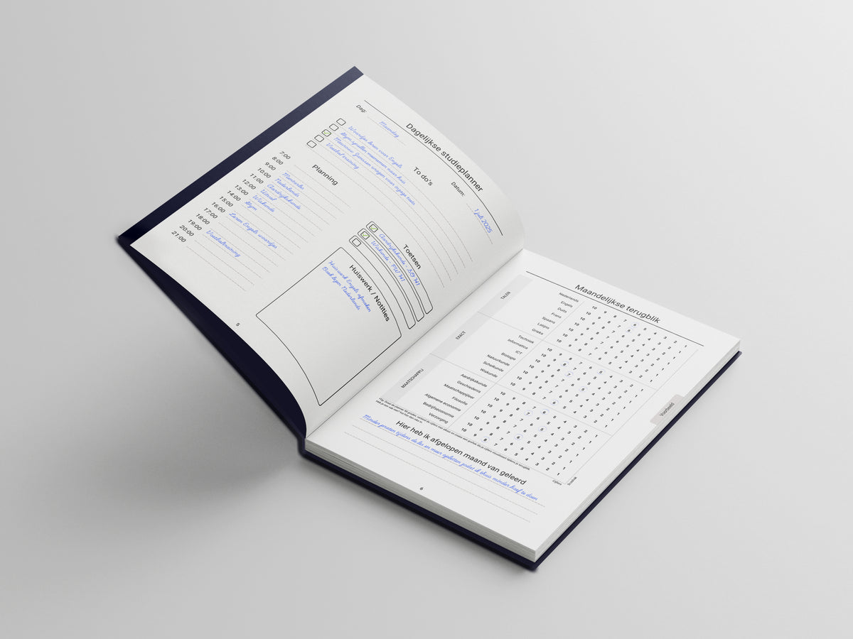 Middelbare schoolplanner met dagschema en maandelijkse terugblik, geeft leerlingen structuur en helpt met reflectie