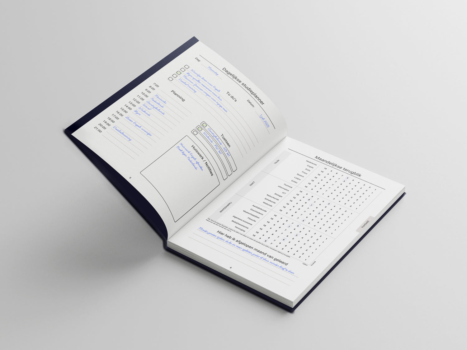 Middelbare schoolplanner met dagschema en maandelijkse terugblik, geeft leerlingen structuur en helpt met reflectie