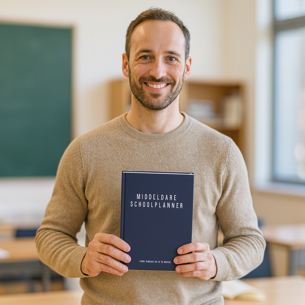 Man in klaslokaal houdt een middelbare schoolplanner vast voor leerlingen en studenten