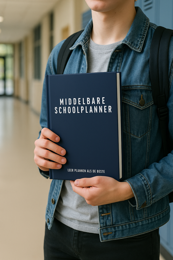 Student met rugzak en denim jas houdt middelbare schoolplanner vast op schoolgang