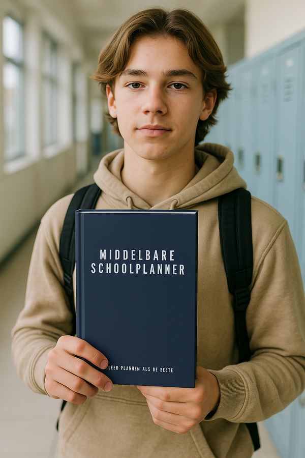 Jonge leerling met rugzak houdt middelbare schoolplanner vast voor kluisjes in schoolgang