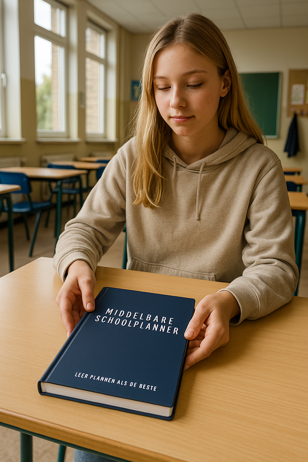Leerlinge in beige hoodie bekijkt middelbare schoolplanner op houten schoolbank in klaslokaal