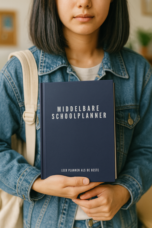 Leerlinge in denim jas met rugzak houdt middelbare schoolplanner vast in schoolklas