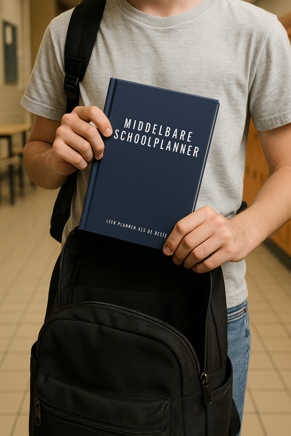 Scholier in grijs T-shirt stopt middelbare schoolplanner in zwarte schooltas op school