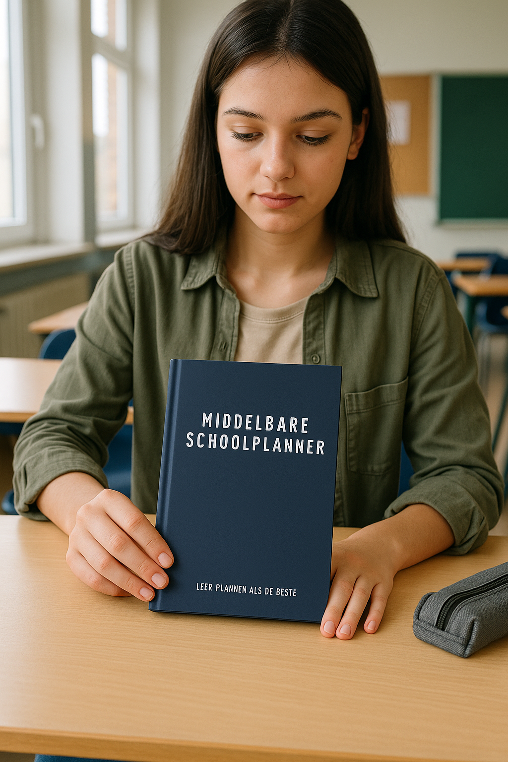 Leerlinge in klaslokaal houdt middelbare schoolplanner vast op haar bureau