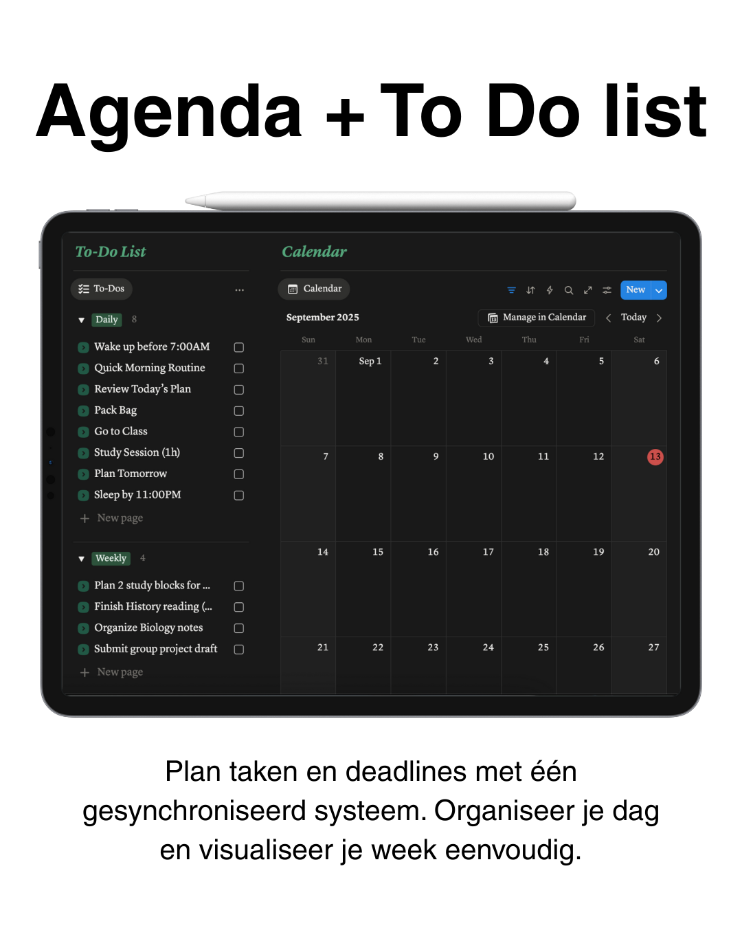 Agenda en To Do list in studentenplanner – plan taken en deadlines in één overzichtelijk en gesynchroniseerd systeem.