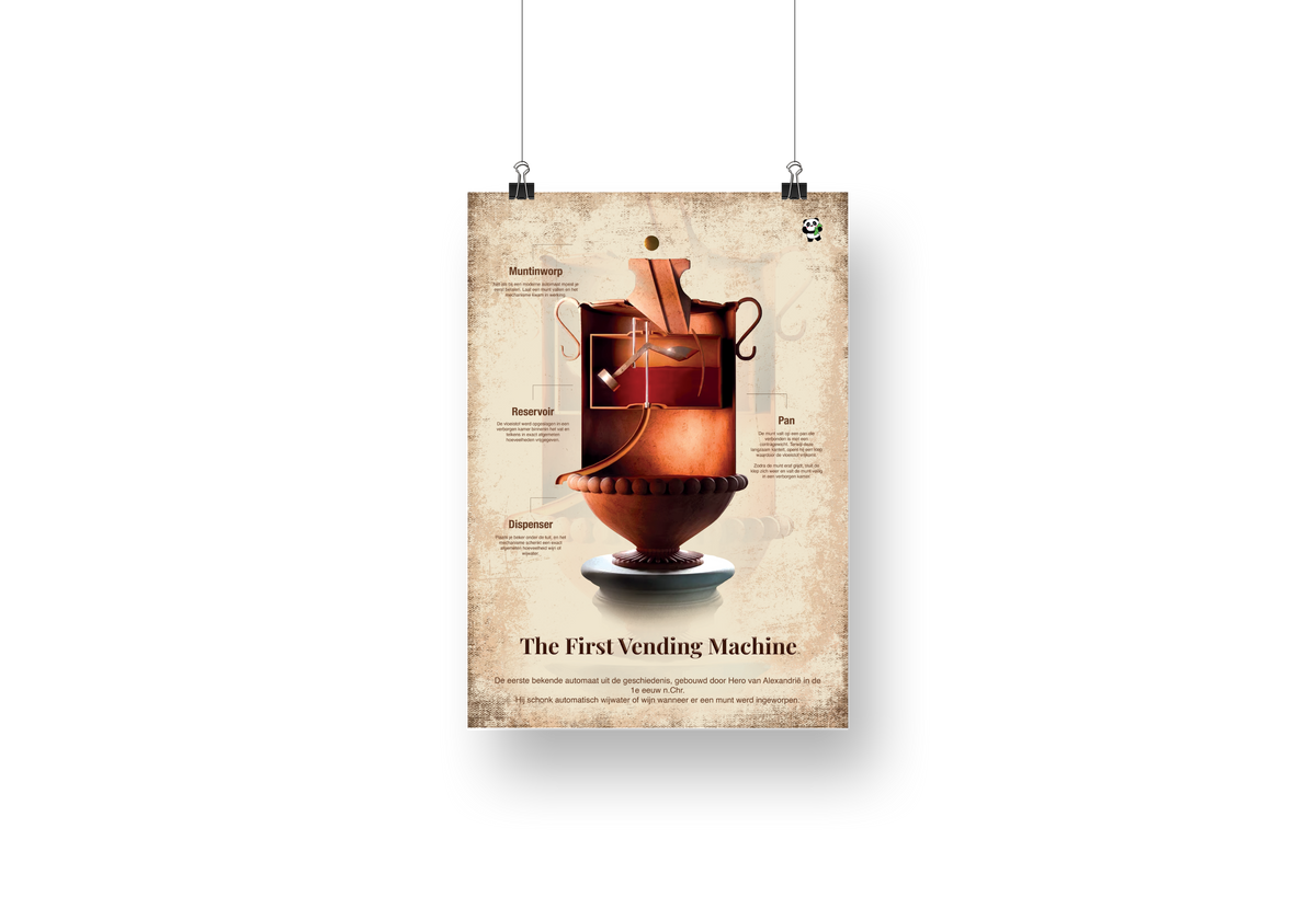 Illustratie van de eerste vending machine uit de oudheid, ontworpen door Hero van Alexandrië, educatieve poster van Academia Now.