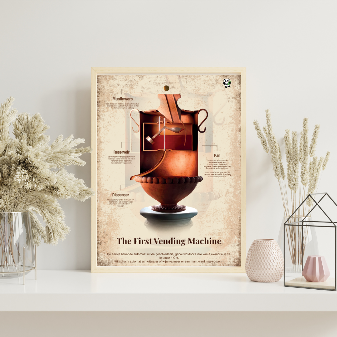 Educatieve poster van de eerste vending machine, historisch ontwerp van Hero van Alexandrië, weergegeven in een moderne lijst.