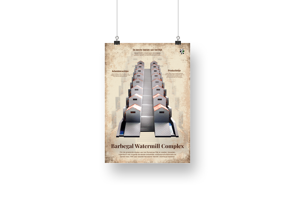 Poster van het Barbegal Watermill Complex, een Romeinse uitvinding voor massaproductie van graan, educatief en historisch design.