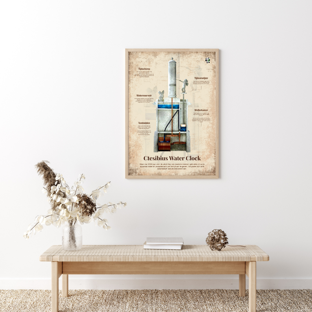 Educatieve poster Ctesibius waterklok – antieke Griekse waterklok als wanddecoratie in modern interieur, geschiedenis en wetenschap.