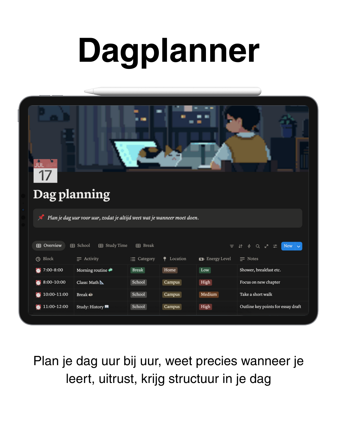 Dagplanner studentenplanner – plan je dag per uur met studieplanning, pauzes en activiteiten voor meer structuur en overzicht.
