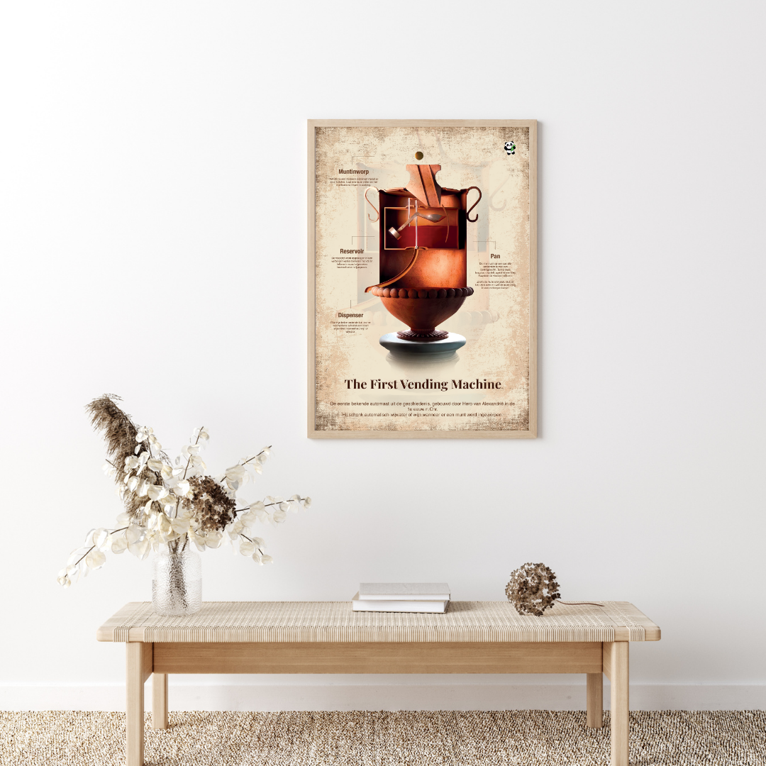 Wanddecoratie met poster van de eerste vending machine uit de oudheid, ideaal voor onderwijs en geschiedenisinteresse.