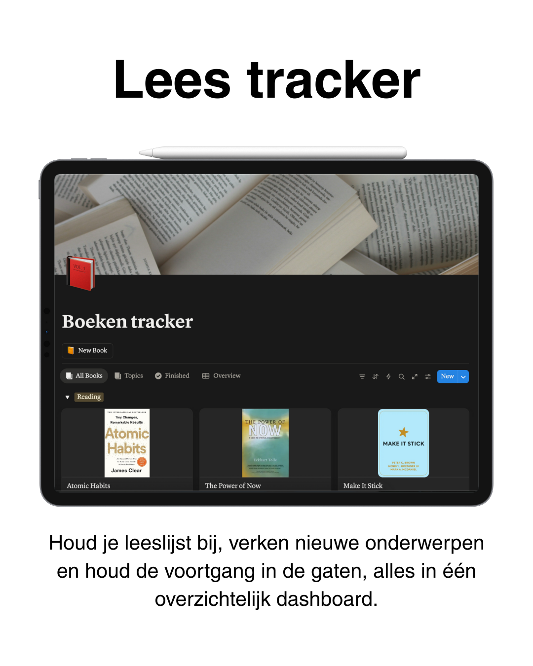 Lees tracker en boekenlijst – hou je leesvoortgang, favoriete boeken en nieuwe onderwerpen bij in een overzichtelijk dashboard.