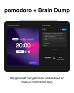 Pomodoro timer en Brain Dump in studentenplanner – werk gefocust met getimede sessies en leeg je hoofd direct met notities.