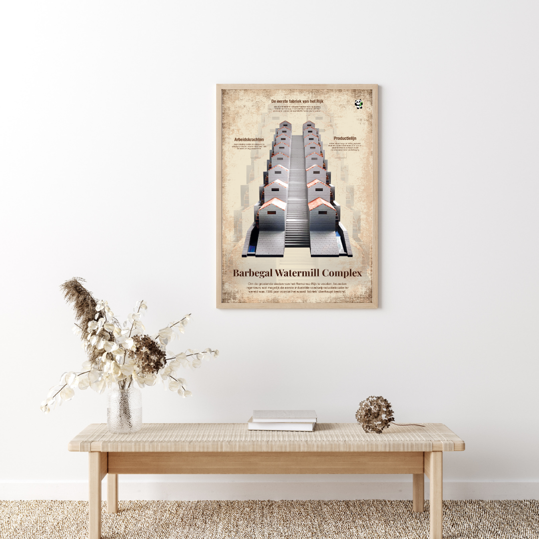 Romeinse geschiedenis poster van het Barbegal Watermolen Complex, een vroeg industrieel productiecentrum uit de oudheid.