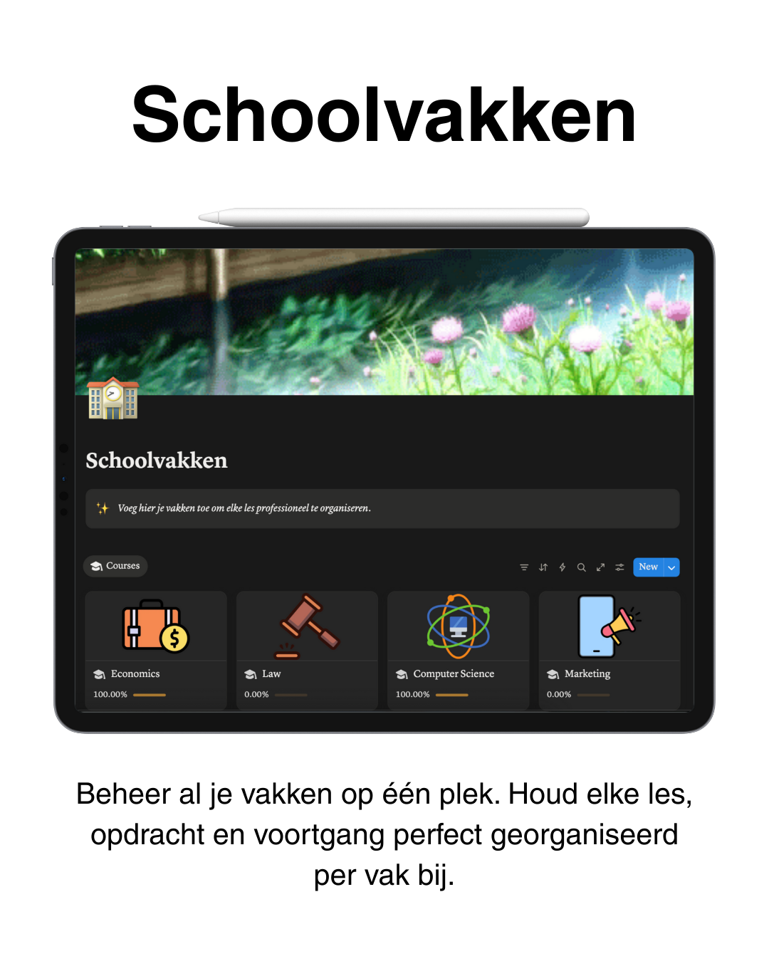 Schoolvakken overzicht studentenplanner – beheer lessen, opdrachten en voortgang per vak georganiseerd in één digitale planner.
