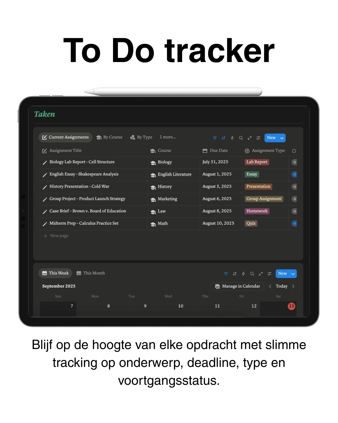 To Do tracker studentenplanner – slimme taakbeheerfunctie om opdrachten, deadlines, onderwerpen en voortgang bij te houden.
