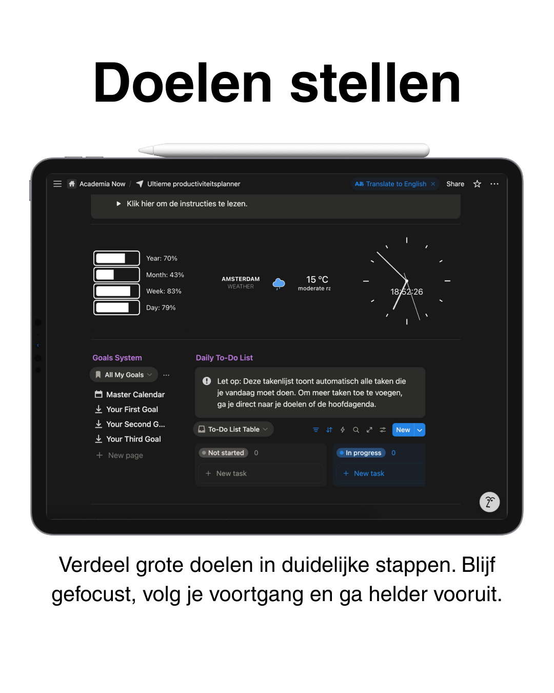 Ultieme productiviteitsplanner – doelen stellen in duidelijke stappen. Houd overzicht, volg voortgang en bereik sneller je doelen met deze digitale Notion template.